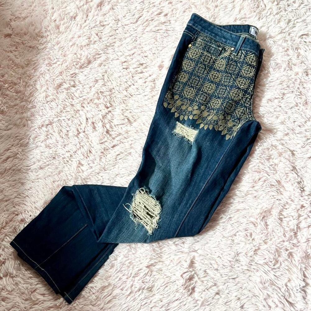 PAIGE Jimmy Jimmy Skinny boyfriend Distressed Dark Wash Jeans Velvet Embroidery